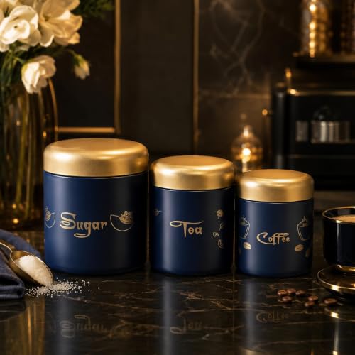 Premium Tea Sugar Coffee Canister Set of 3, Modern Blue Colour with Golden Lids, Stainless Steel Matte Storage Jars, Ideal for Gifting, Dishwasher Safe
